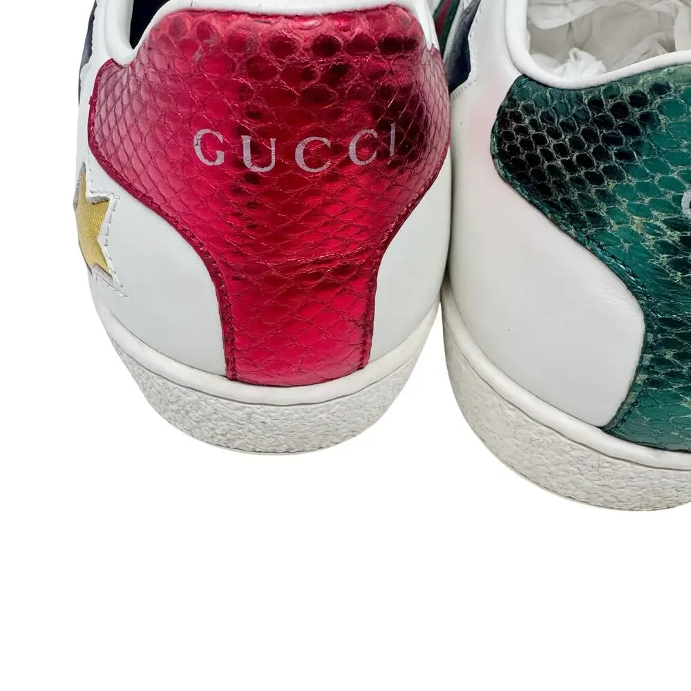 Gucci Ace Star Web Stripe Leather Sneakers 37.5 Metallic Python - Picture 8 of 11